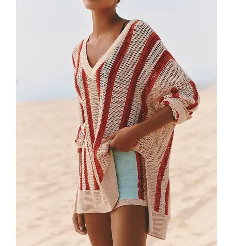 Anthropologie NWT Celandine Side slit oversized sweater cream striped v neck